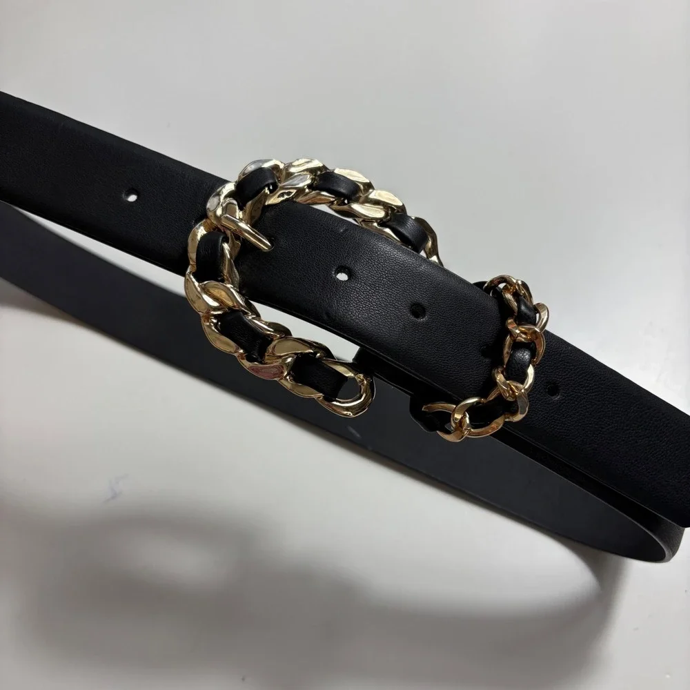 Rachel Zoe Black Belt Gold Chain Link Buckle Womens Medium 37in
